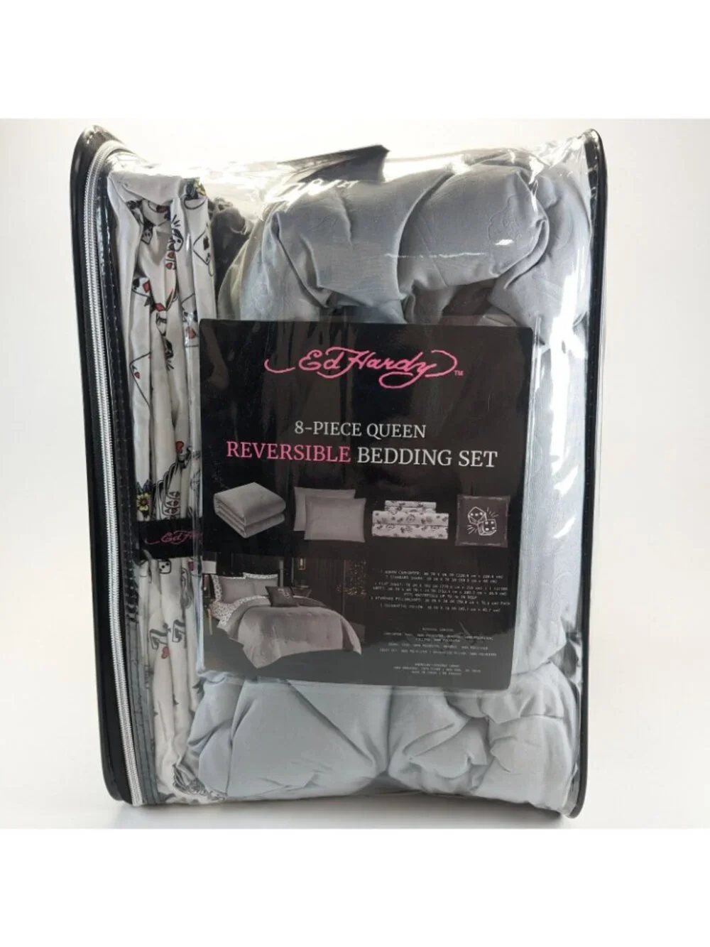 Ed Hardy Queen Comforter Bed Set w Shams Pillow Sheets Black White Dice Skull